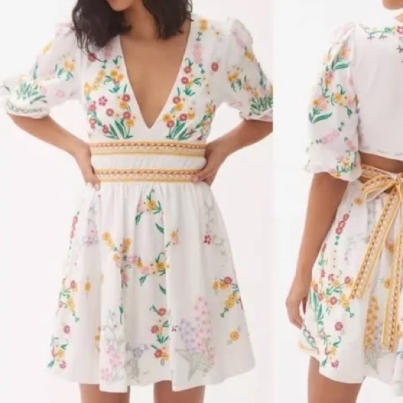 Anthropologie Deep V Floral Embroidered Cut Out Mini Dress size L - Picture 3 of 10